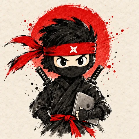 Ninja con dos katanas y un notebook, personaje del plan Wako